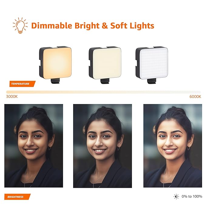 Camera Video Light with Clip and 3 Cold Shoe Connectors | 120 LED Beads | Dimmable and Rechargeable Battery | - NovaMart