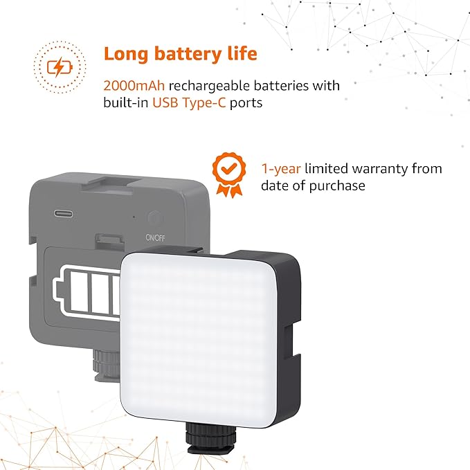 Camera Video Light with Clip and 3 Cold Shoe Connectors | 120 LED Beads | Dimmable and Rechargeable Battery | - NovaMart