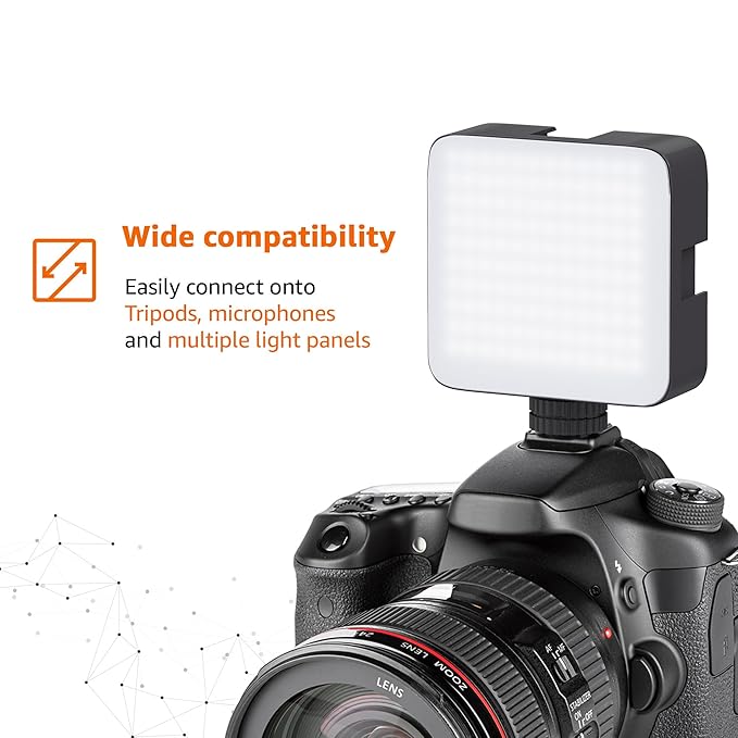 Camera Video Light with Clip and 3 Cold Shoe Connectors | 120 LED Beads | Dimmable and Rechargeable Battery | - NovaMart