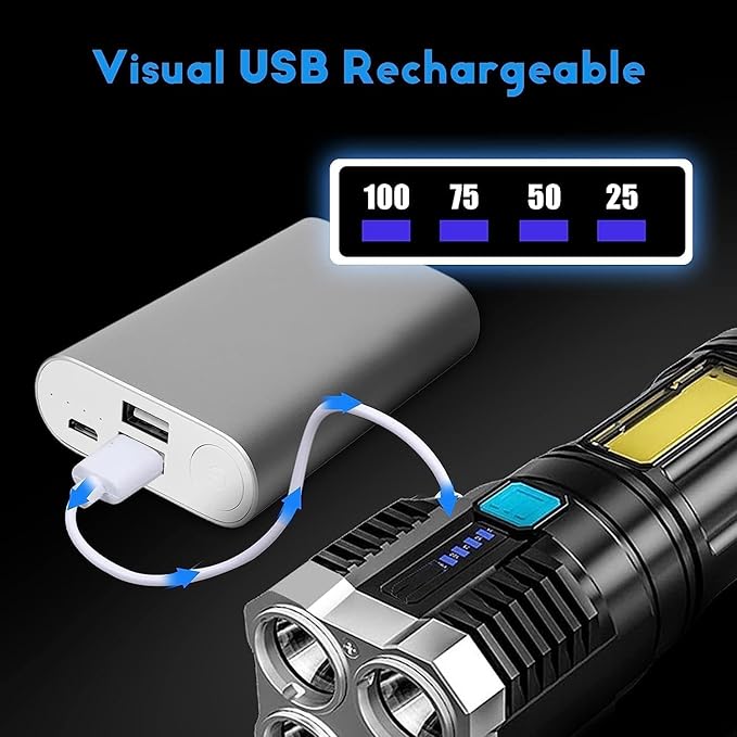 4 in 1 LED Torch Lights Rechargeable Emergency Torch Light 3W USB Charge Flashlight - High Power Long Distance Beam Range 4 Modes Torch for Outdoor, Indoor, Hiking, Walking - NovaMart