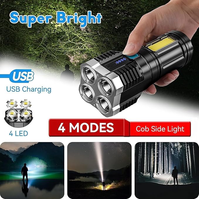 4 in 1 LED Torch Lights Rechargeable Emergency Torch Light 3W USB Charge Flashlight - High Power Long Distance Beam Range 4 Modes Torch for Outdoor, Indoor, Hiking, Walking - NovaMart