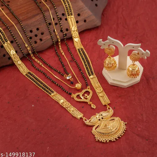 Mangalsutra Combo Deal Gold Plated Necklace Pandent Mangalsutra 30 Inch And 18 Inch Combo Pack With Earring for Women (Pack of 5) - NovaMart