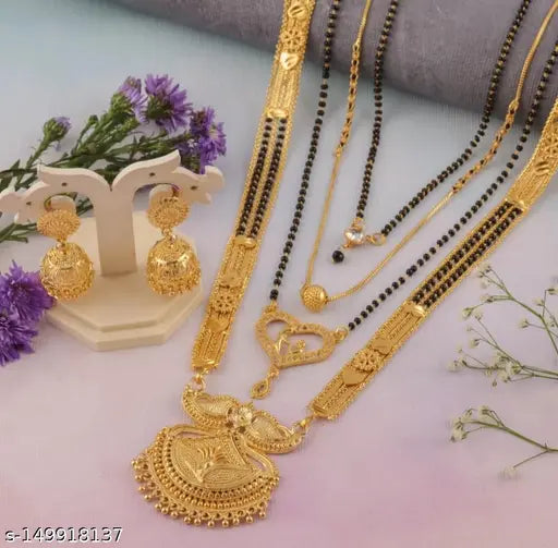 Mangalsutra Combo Deal Gold Plated Necklace Pandent Mangalsutra 30 Inch And 18 Inch Combo Pack With Earring for Women (Pack of 5) - NovaMart