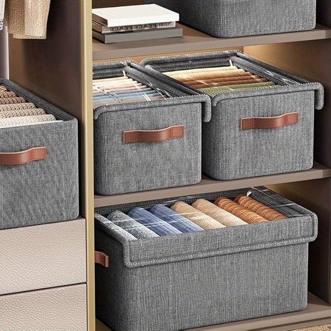 Folding Storage Boxes with Lid, Large Clear Collapsible Stackable Storage Boxes Foldable Fabric Linen Storage Box Cubes, Closet Organizer Baskets with Labels for Home - NovaMart