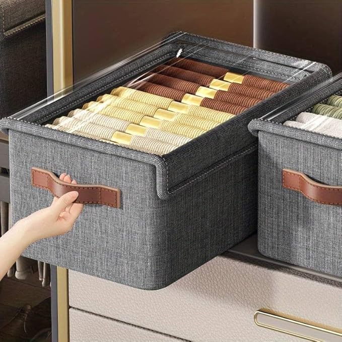 Folding Storage Boxes with Lid, Large Clear Collapsible Stackable Storage Boxes Foldable Fabric Linen Storage Box Cubes, Closet Organizer Baskets with Labels for Home - NovaMart