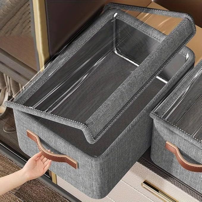 Folding Storage Boxes with Lid, Large Clear Collapsible Stackable Storage Boxes Foldable Fabric Linen Storage Box Cubes, Closet Organizer Baskets with Labels for Home - NovaMart