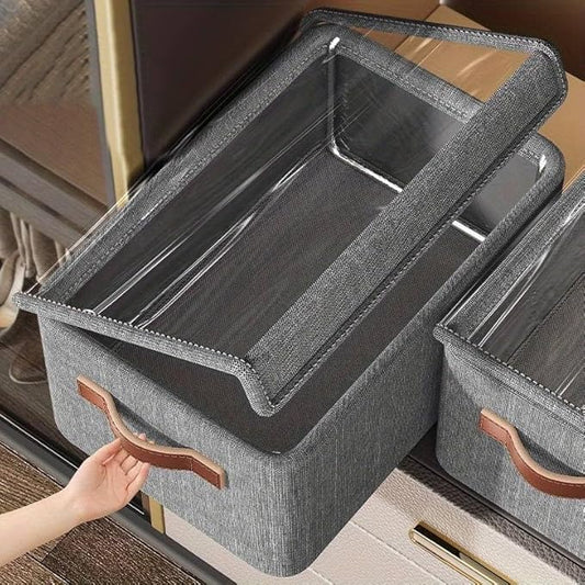 Folding Storage Boxes with Lid, Large Clear Collapsible Stackable Storage Boxes Foldable Fabric Linen Storage Box Cubes, Closet Organizer Baskets with Labels for Home - NovaMart