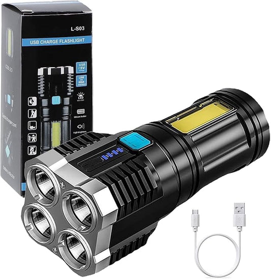4 in 1 LED Torch Lights Rechargeable Emergency Torch Light 3W USB Charge Flashlight - High Power Long Distance Beam Range 4 Modes Torch for Outdoor, Indoor, Hiking, Walking - NovaMart