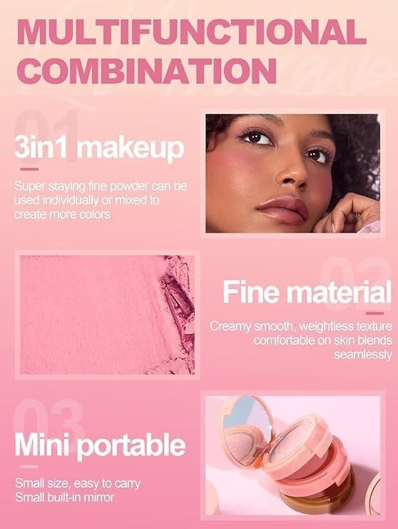 3 in1 Face Blusher + Highlighter with Mini Compact Travel Friendly Palette - NovaMart